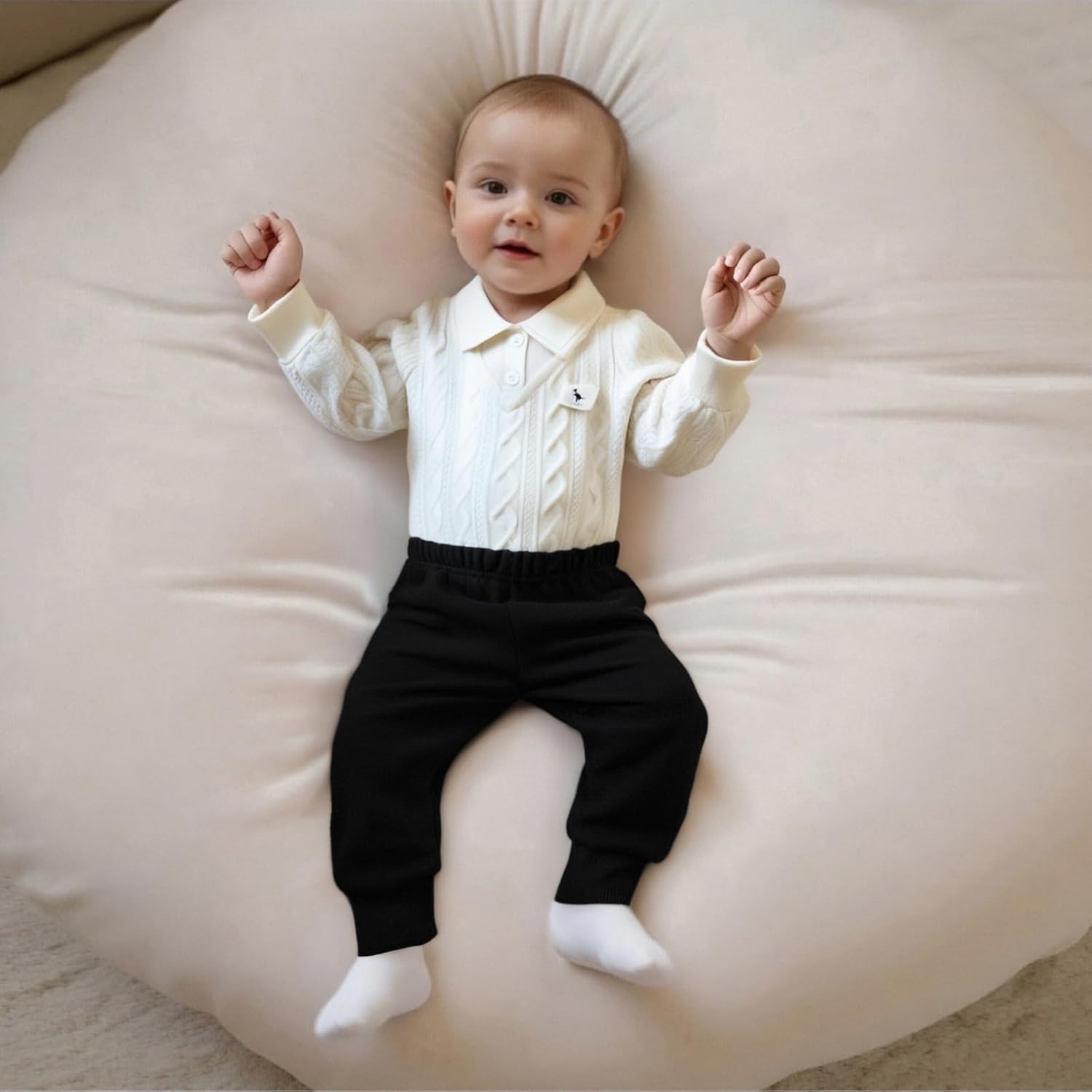 Infant Baby Boy Fall Winter Clothes Long Sleeve Lapel Collar Dinosaur Sweater Romper Bodysuit Pants 2PCS Outfits Set - Image 2
