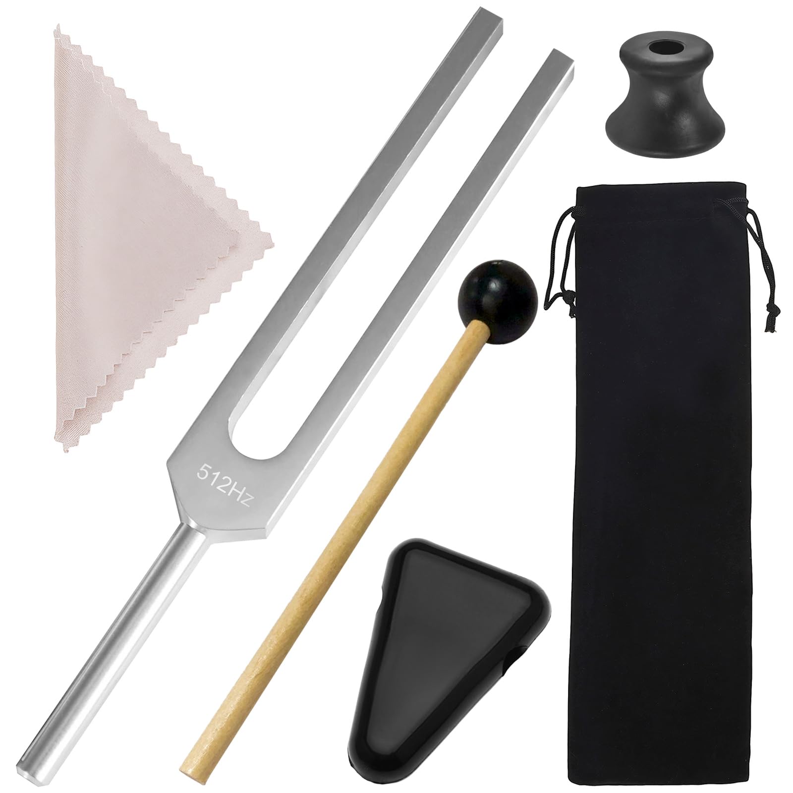 Juego de diapasón de 512 Hz, aleación de aluminio, terapia de frecuencia, diapasón, neurología, con martillo de silicona, base triangular y silicona, paño de limpieza, bolsa de terciopelo suave