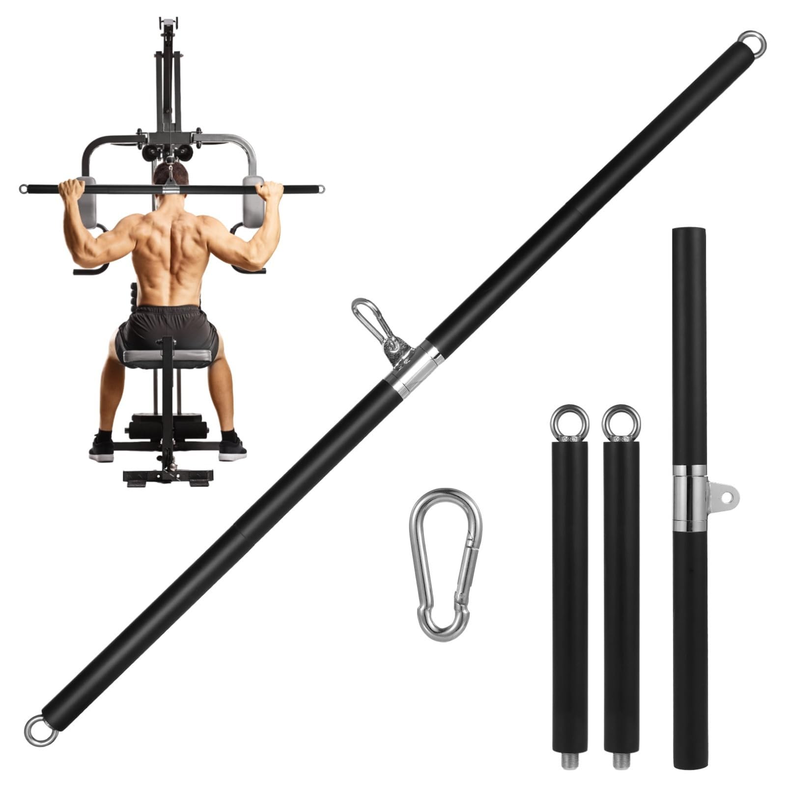 LUMINFLY LAT Pulldown Bar with 360° Rotating Straight Bar, Non-Slip Eva Handles, Double Hook T-Bar for Home Gym Strength Training