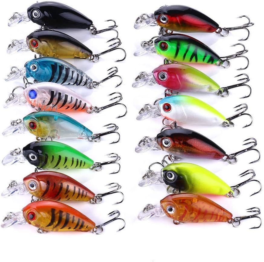 16 pcs Mixed Minnow Fishing Lures Bass Crank Bait Treble hook Baits Fishing Lure Bass Lures Trout Salmon with 2 Sharp Treble Hooks
