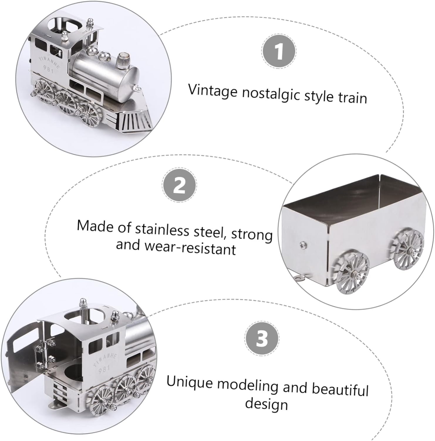 Luxury Retro Steam Train Model with Carriage Unique Stainless Steel Table Decor for Home and Office Collectible for Train Enthusiasts