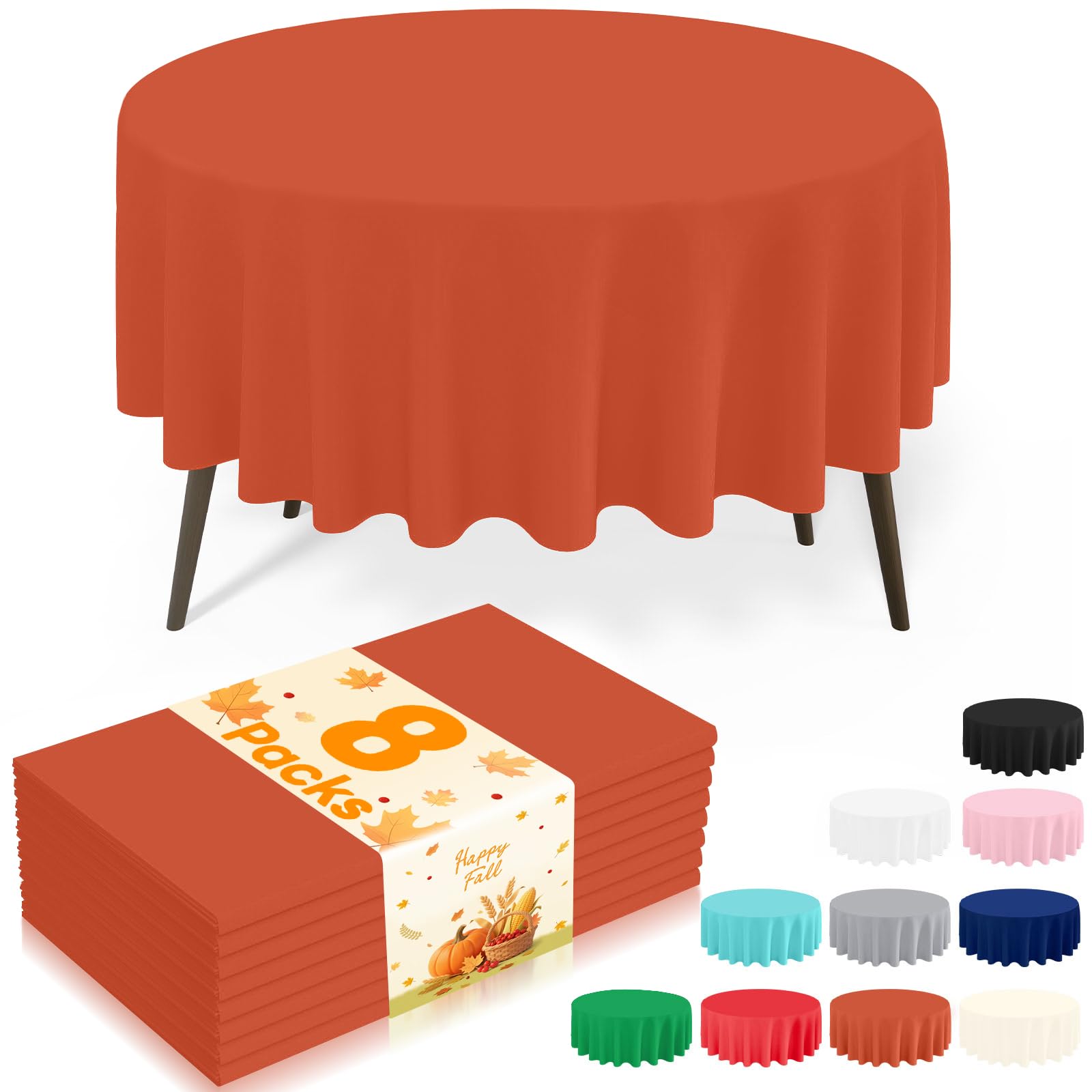 misaya 8 Packs Disposable Plastic Table Cloth, 84" Round Waterproof Tablecloth, Leakproof &amp; Sturdy Decorative Table Covers for Picnic, Party, Outdoor and Fall, Rust