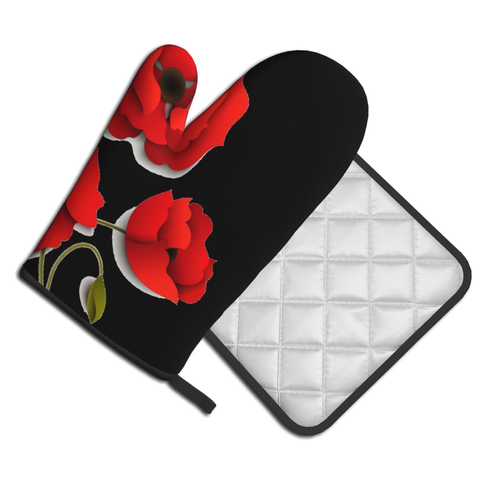 Oven Mitts and Pot Holders Set of 2 Pcs, Poppy Flowers Vivid Petals Printed Heat Resistant Kitchen Gloves Potholders for Cooking Baking Grilling