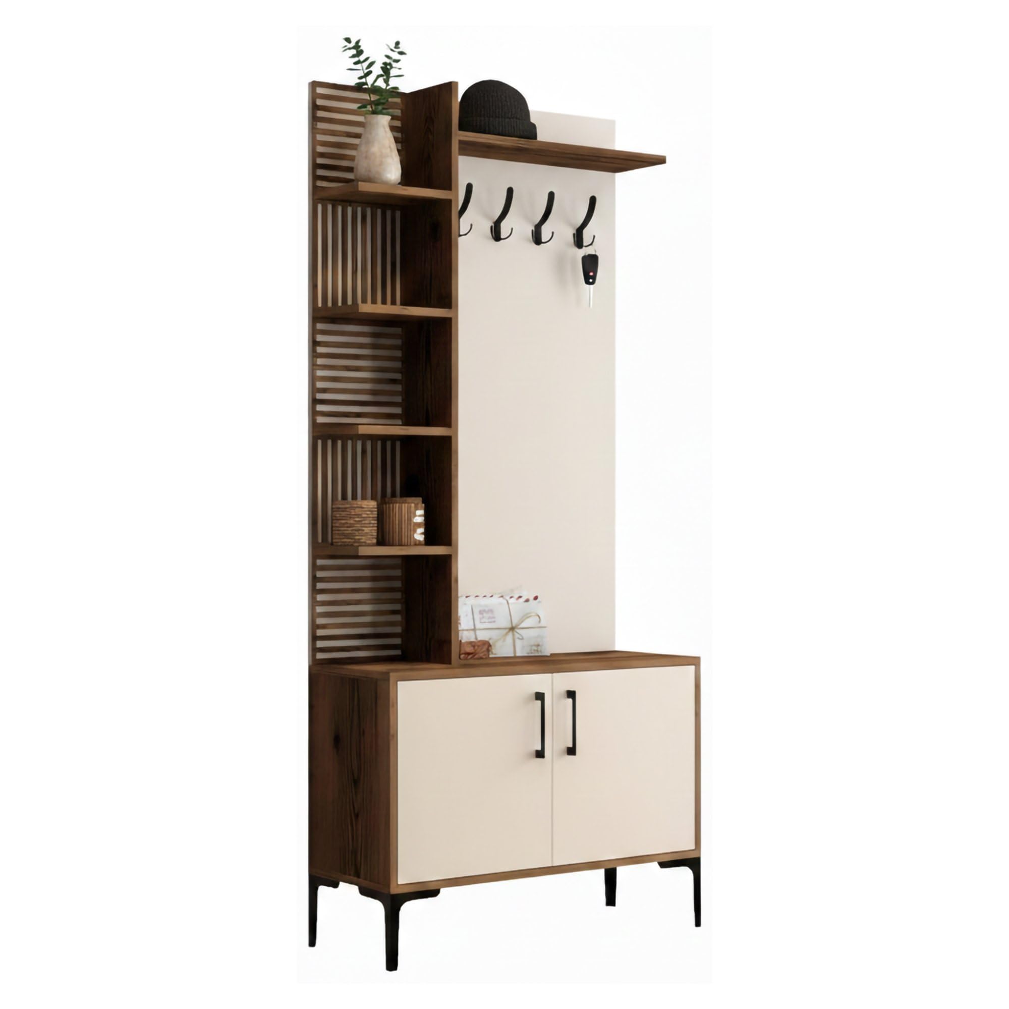 Dmora - Mobile da ingresso Armus, Entratina appendiabiti, Composizione per atrio, Consolle portaoggetti multifunzione, 90x35 h200 cm, Noce e Crema