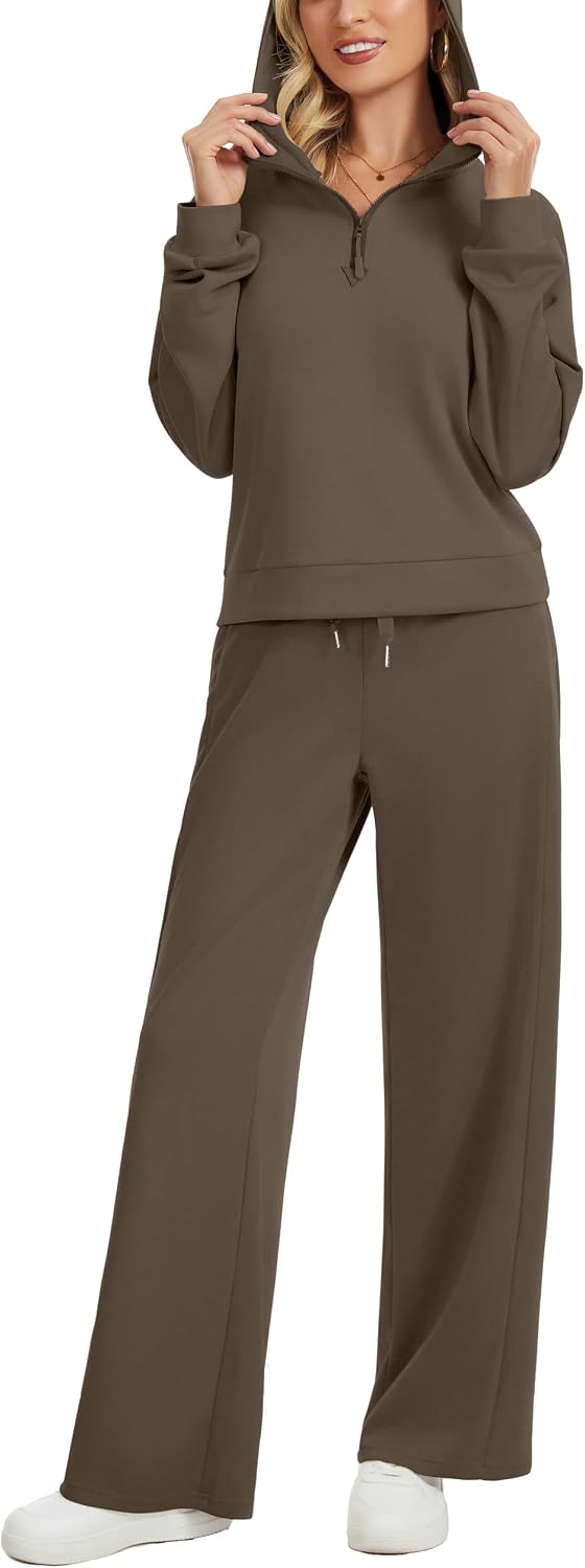 Sixstar 2 Piece Lounge Sets For Women Half Zip Pullover Sweatsuits | Long sleeve hooded sweatshirt, wide leg lounge pants with pockets. Fall winter travel outfits for women two piece sets.