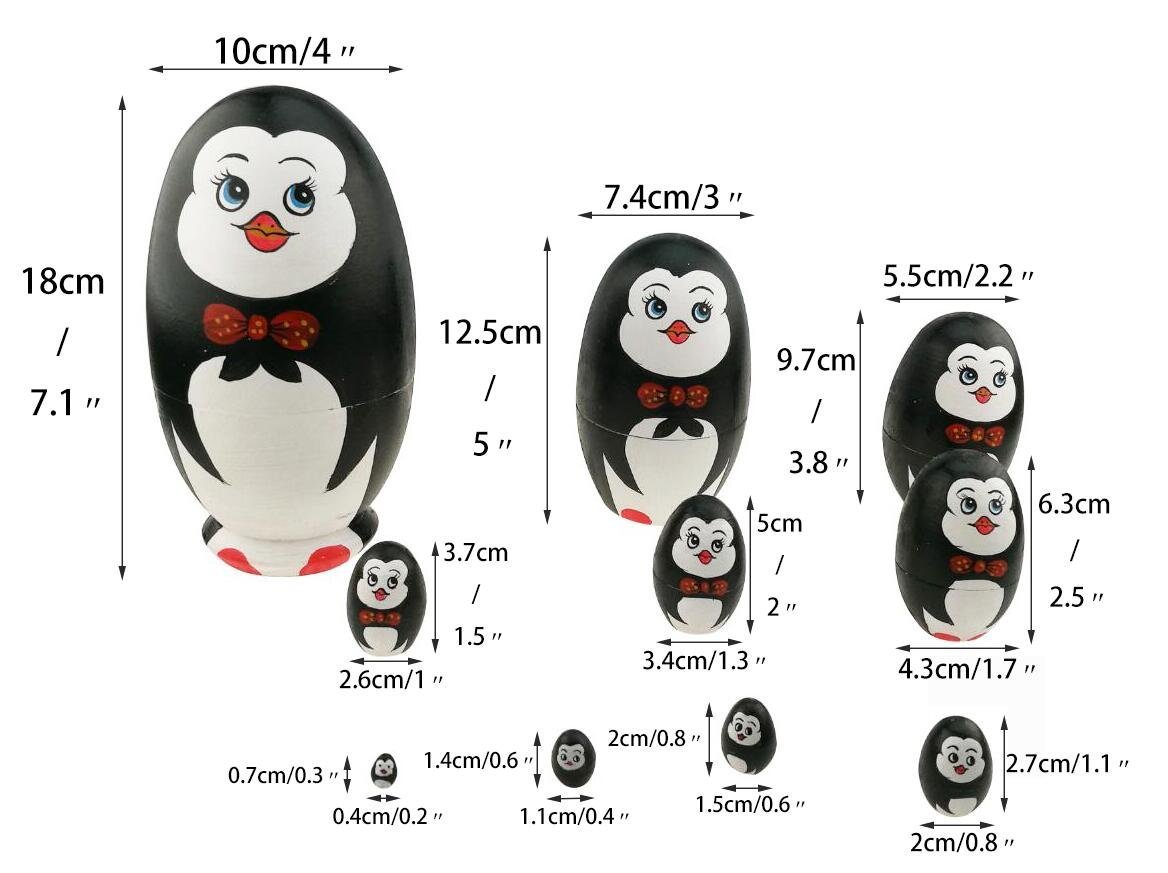 Winterworm Set di 10 bambole matrioska a forma di pinguino a forma di uovo in legno, fatte a mano, giocattolo per bambini, idea regalo