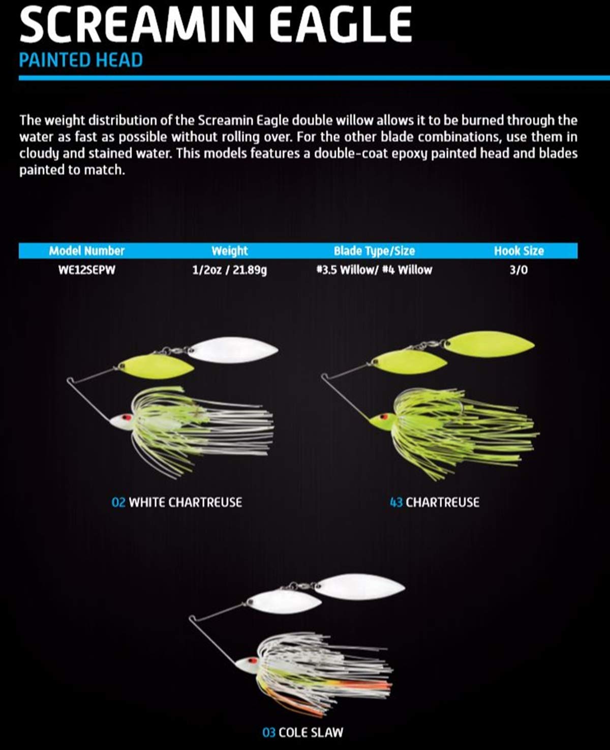 War Eagle Custom Lures WE12SEPW02 1/2SE Painted Head Double Willow White Chartreuse