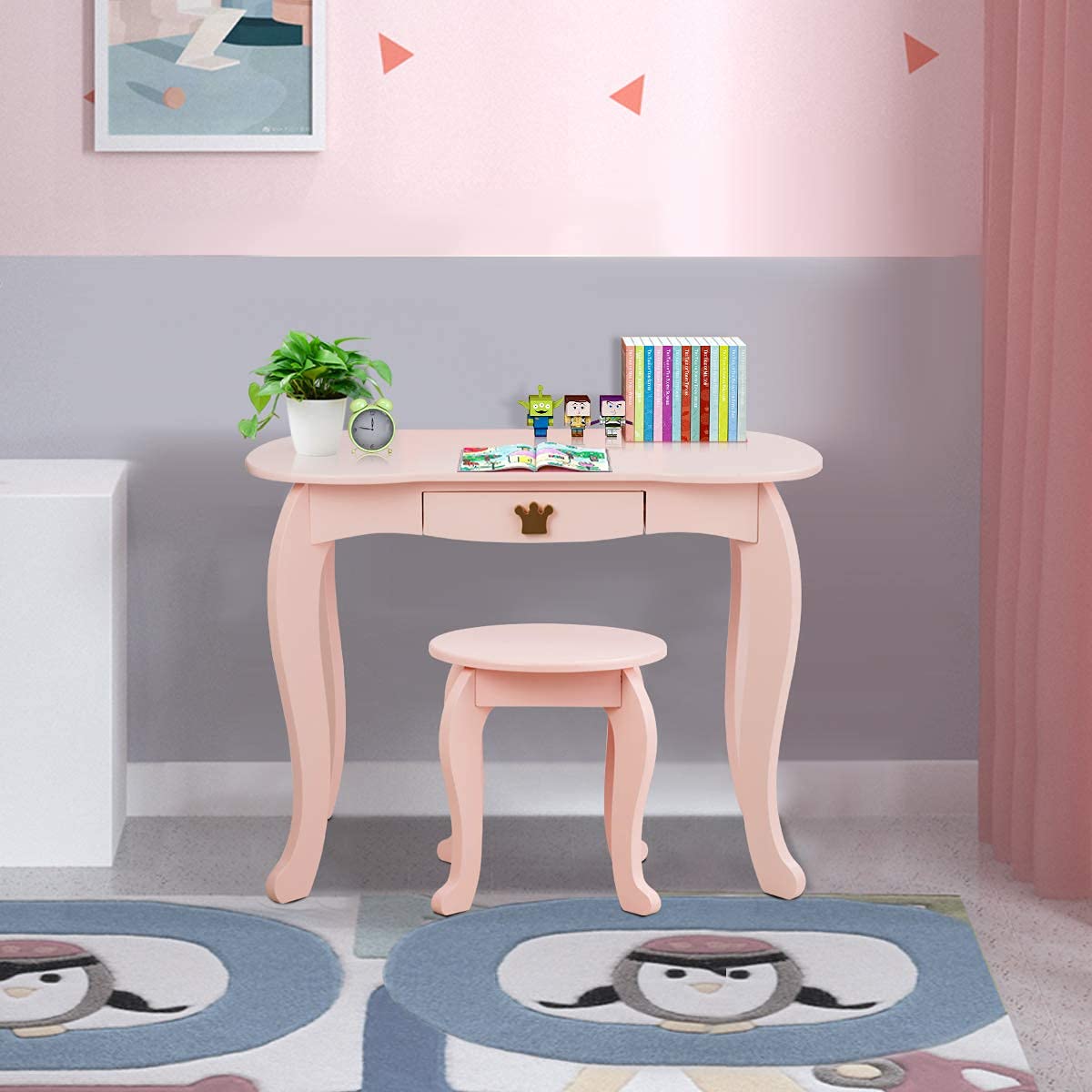 COSTWAY Kinder Schminktisch mit Hocker und Abnehmbarer Spiegel, Mädchen Frisiertisch Holz, Kindertisch mit Schublade, Spiegeltisch 80x42x105cm (Rosa)