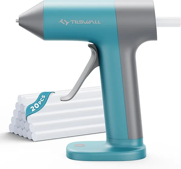 Tilswall Cordless Hot Glue Gun, Rapid 30s Preheat, Mini glue gun and sticks set with 2000mAh Type-C Rechargeable, Smart Power Off, 20 Premium Glue Sticks, Ideal for DIY Crafts, Gift Making Blue