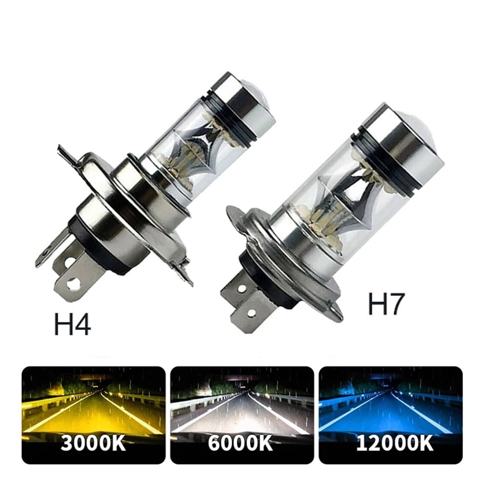 2 pezzi H7 H4 super luminoso 100 W LED faro fendinebbia DRL lampadine fascio alto/basso 6000 K bianco H8 H9 H11 9005 9006 lampade for auto 12 V 4300 K(6000K Cold White,H4)