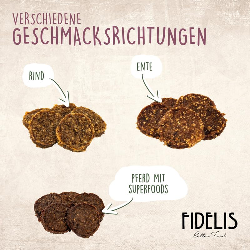 Fidelis – Pferdeburger für Hunde im wiederverschließbarem 1kg-Eimer - Luftgetrocknete Hunde Leckerlis aus 100% natürlichen Rohstoffen