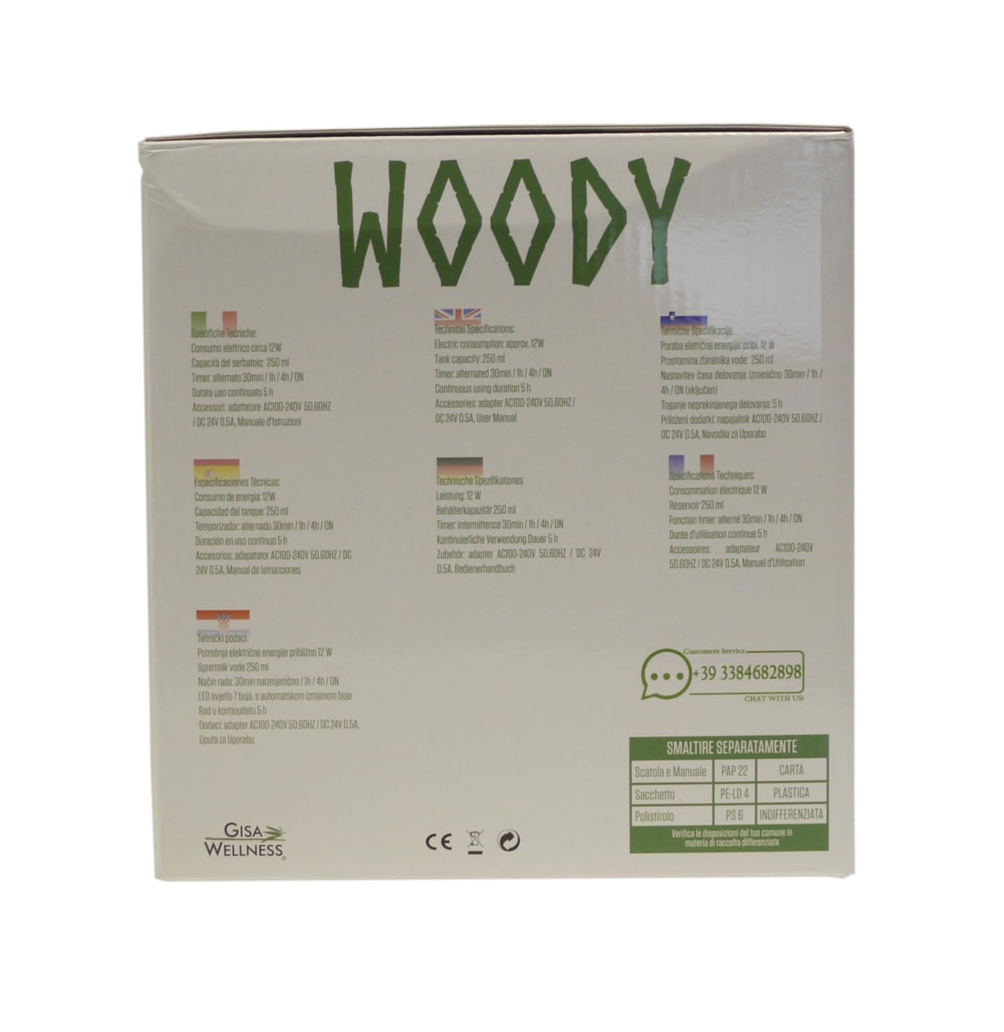 Gisa Wellness - WOODY - Diffusore di Aromi ed Oli Essenziali ad Ultrasuoni - 250ml - Aromaterapia e Cromoterapia - Vetro e Legno - Timer, Durata 6h - Relax