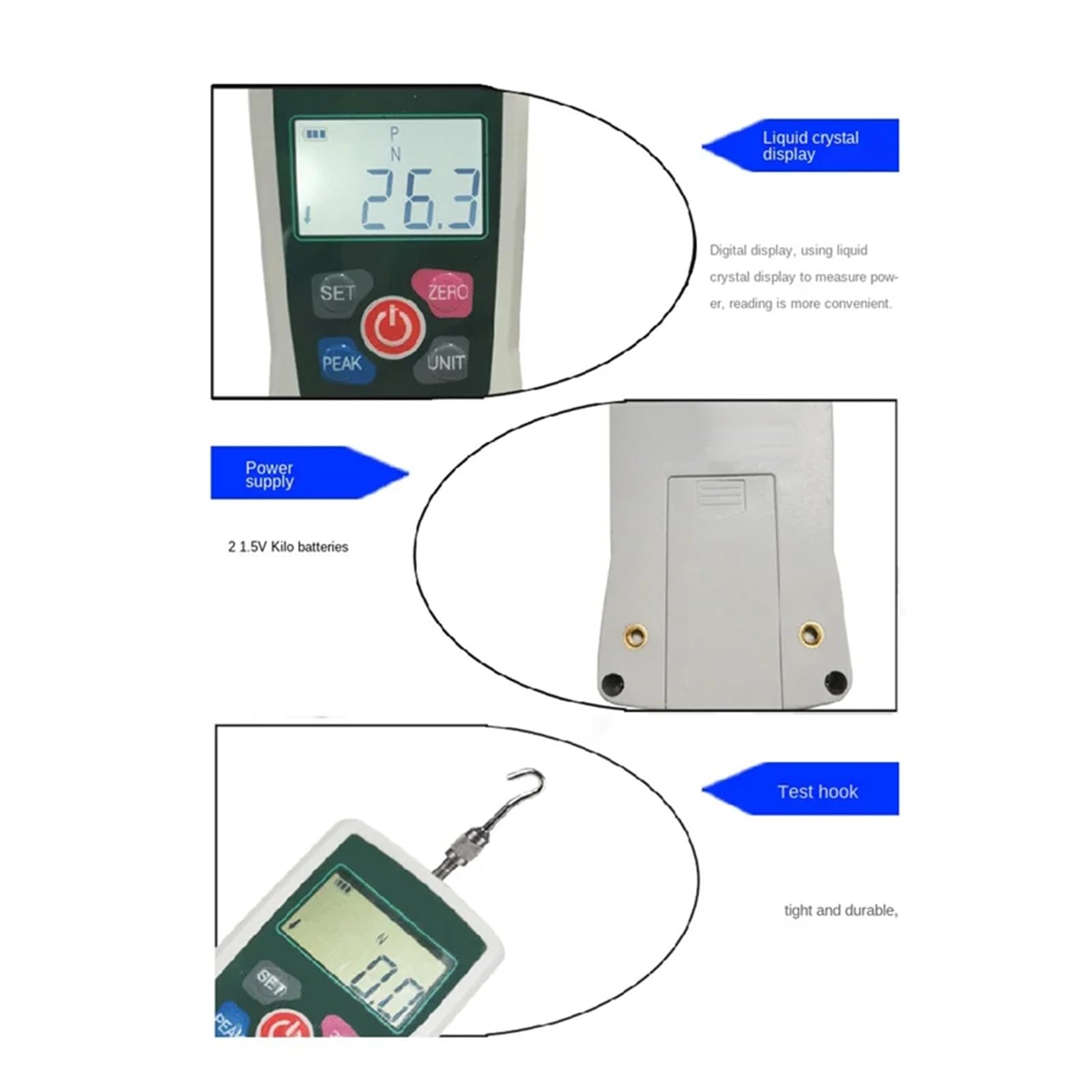Dinamómetro portátil digital de 500 N con pantalla LCD for la enseñanza de física mecánica en laboratorios escolares. Varias pruebas(100N/10kg)