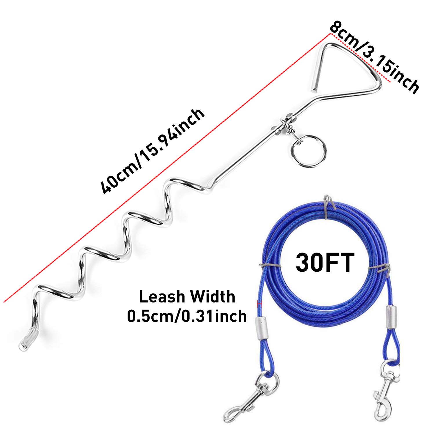 Dog Tie Out Cable and Anti Rust Spiral Stake , 30ft Outside Leash&Chain for Camping and Yard, 16'' Heavy Duty for Medium-Large Dogs Up to 125 lbs (30FT, Blue) - image 3