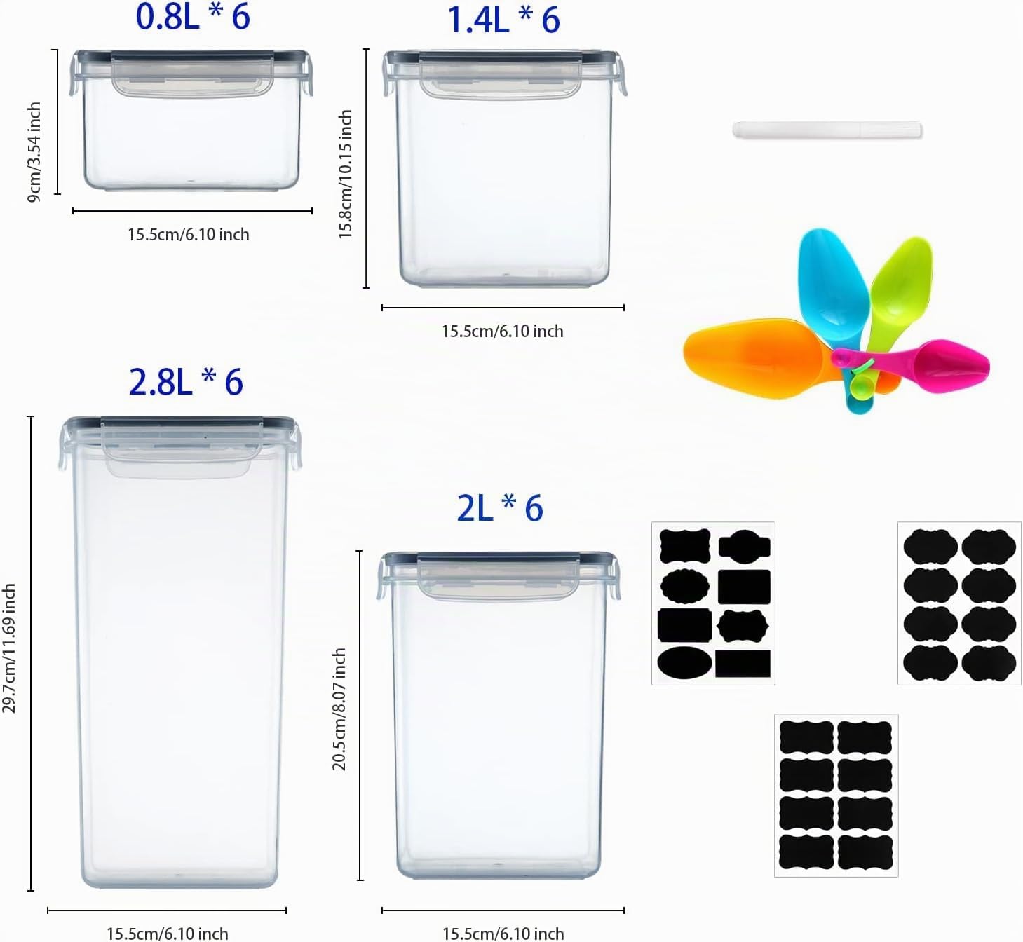 Contenitori per alimenti capienti da 42 litri con coperchi ermetici, set di organizzatori da cucina, senza BPA, trasparenti, 24 pezzi