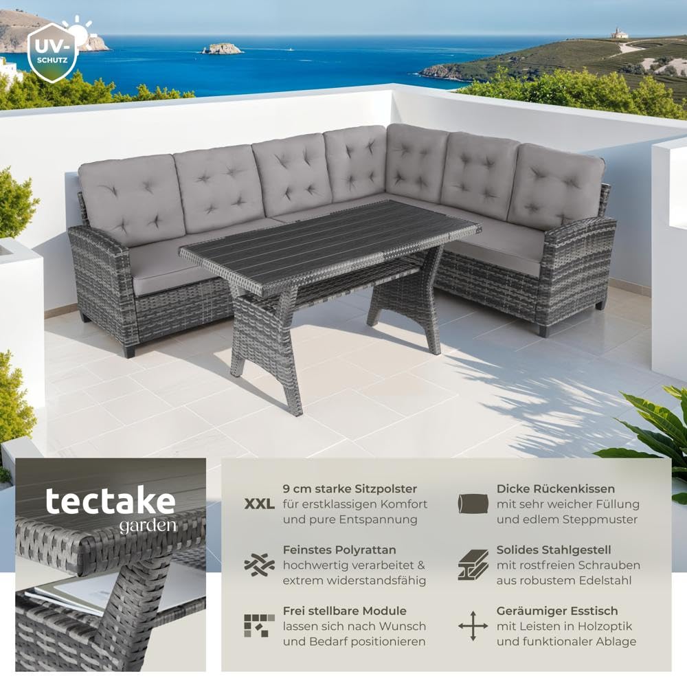 tectake® Gartenbank, Set mit Bank und Esstisch, Rattan Eckbank Outdoor Lounge, Sitzecke wetterfest als Gartenlounge, Balkon Möbel, Wintergarten, Terrasse - grau