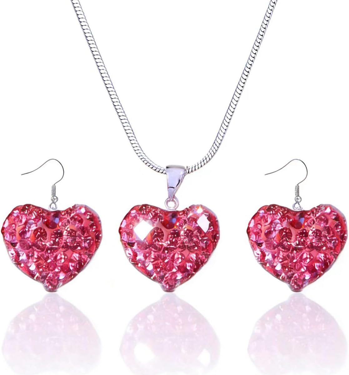 LAKIYOYO Red Heart Necklace Earrings Set Rhinestone Heart Earring Zircon Heart Wedding Necklace Earrings Sparkly Jewelry Valentines Day Gifts for Mom Her Girlfriend