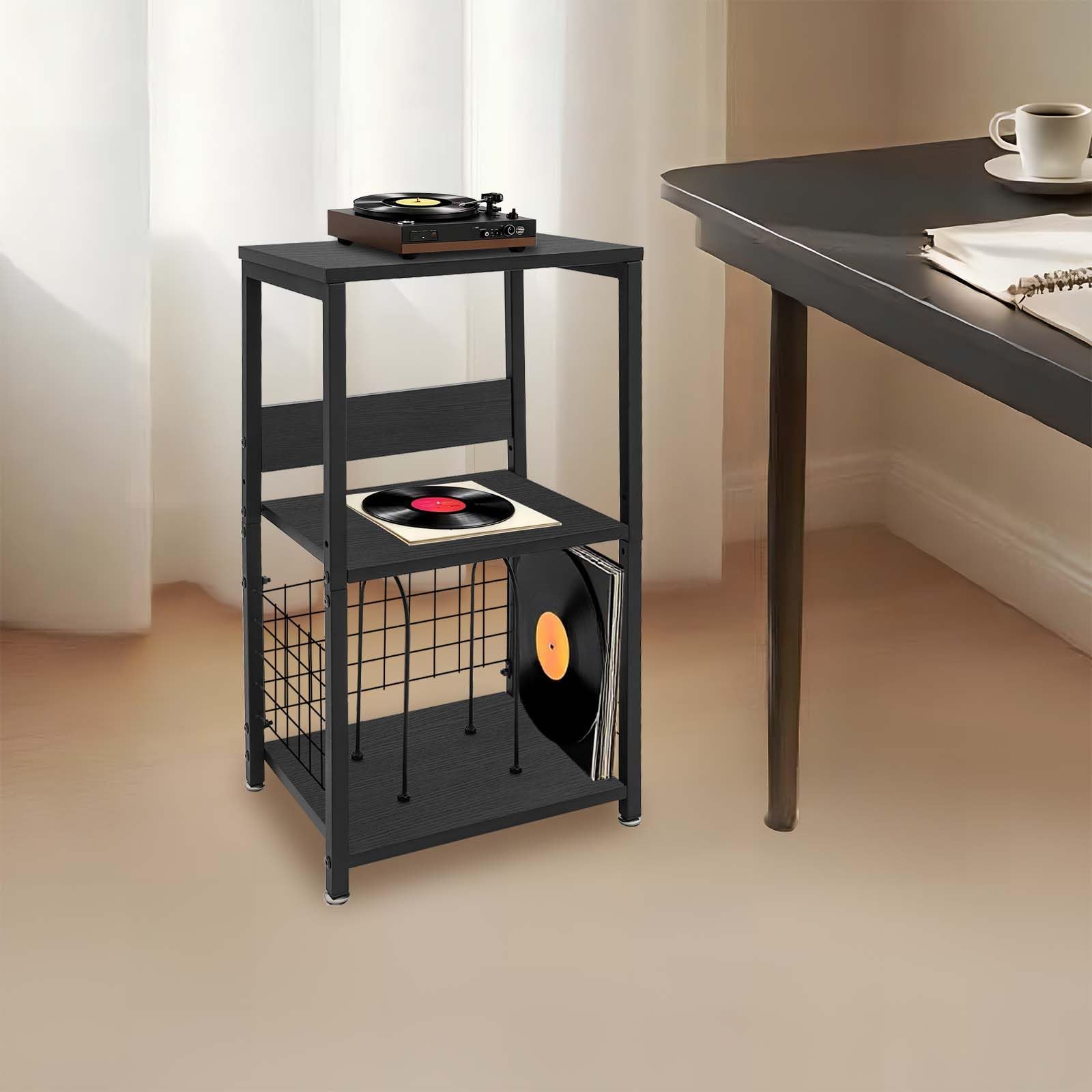 Mobile Vinile Stoccaggio a 3 livelli Ripiano Giradischi carico 45kg Struttura Ferro MDF Stabile Separatori Porta dischi Rimovibili Tavolo di Supplemento per Soggiorno Camera Ufficio