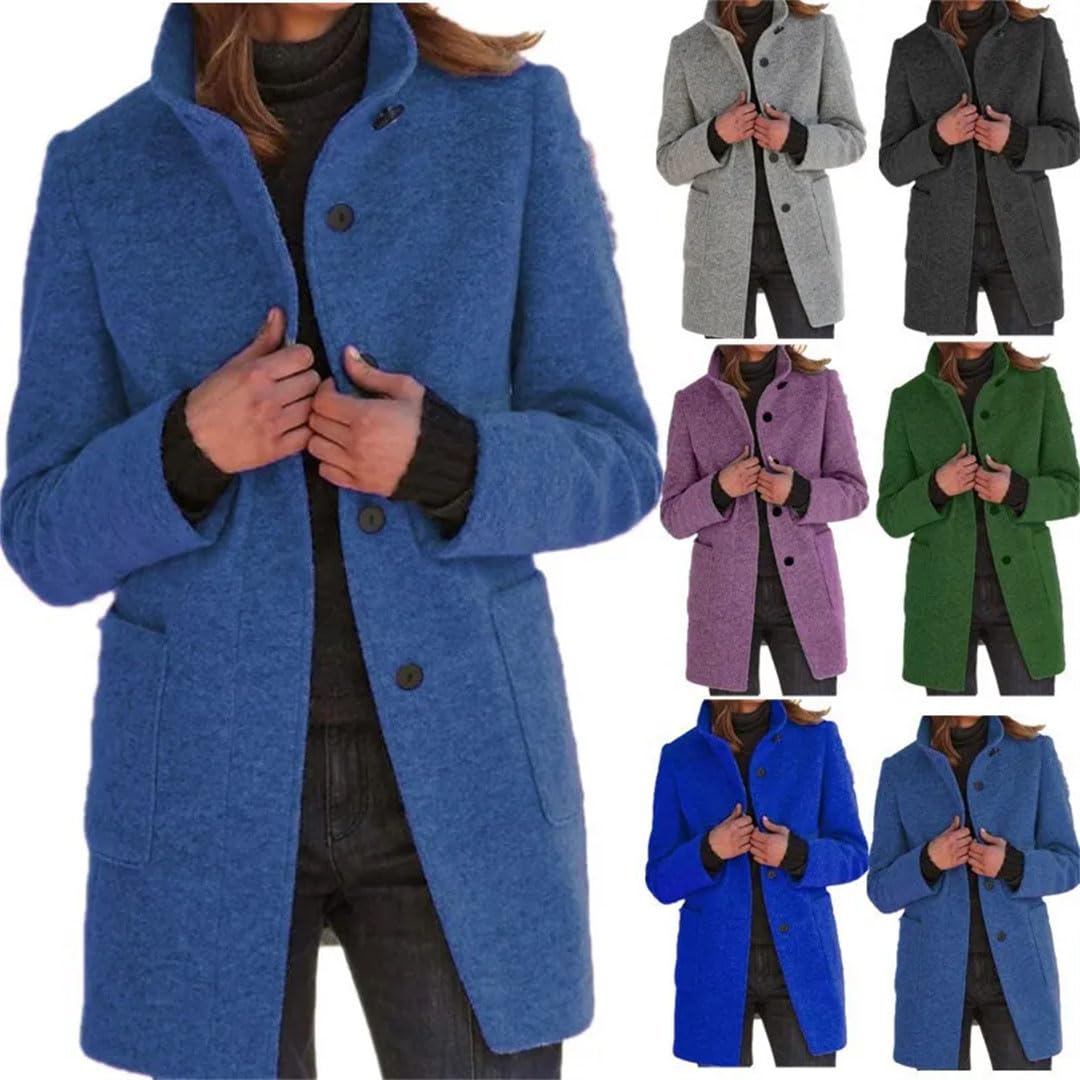 Damen Mantel Einfarbig Knopf Stehkragen Wollmantel Modische Frauen Windjacke Lässiger Dicker Mantel
