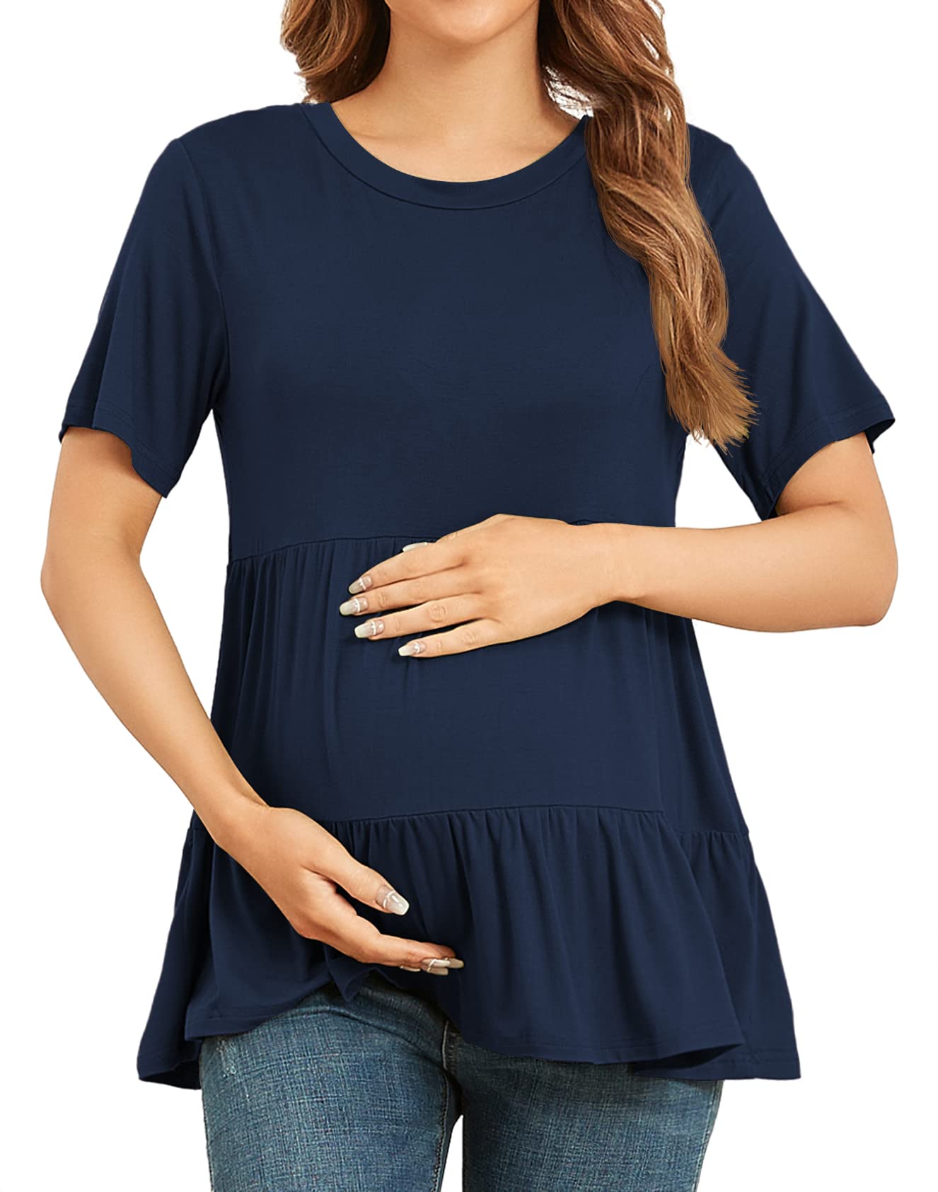 Xpenyo Women's Maternity T Shirts Short Sleeve Tiered Basic Casual Pregnancy Top