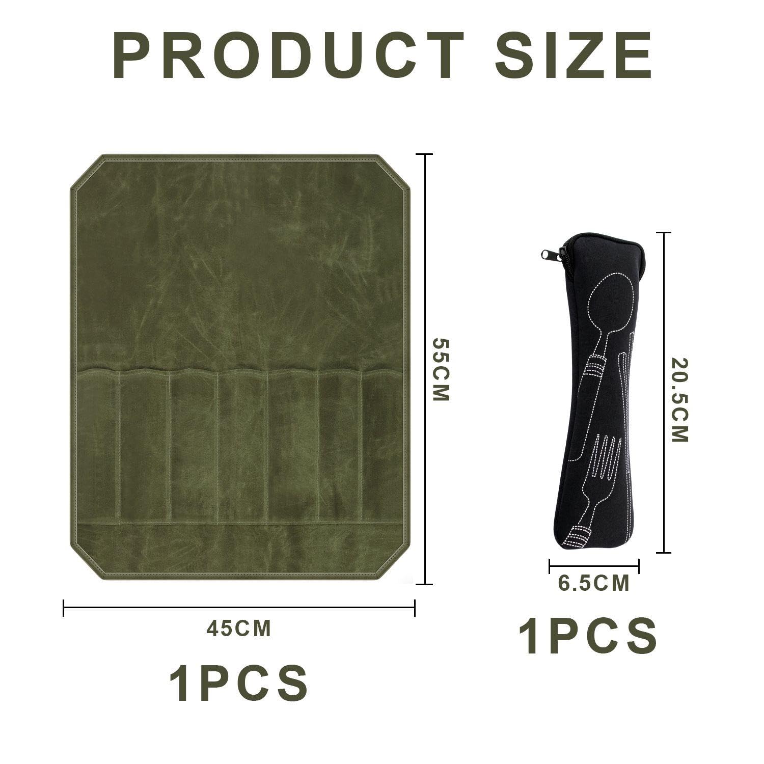 Borsa A Rullo per Coltelli da 1 Pezzo E Borsa per Stoviglie da 1 Pezzo, Materiale in Tela Cerata A 7 Griglie, Portatile E Arrotolabile, Regalo per Utensili da Cucina (Verde).