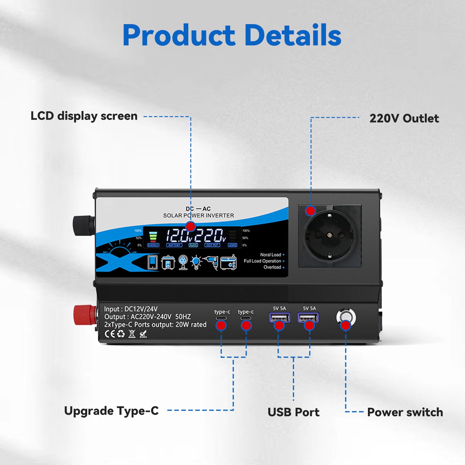 Inverter 12V/24V a 220V 1200W, Invertitore di Tensione per Auto con 2 Prese AC, 2 USB & 2 Type-C, Accendisigari e Display LED, per Camper e Campeggio