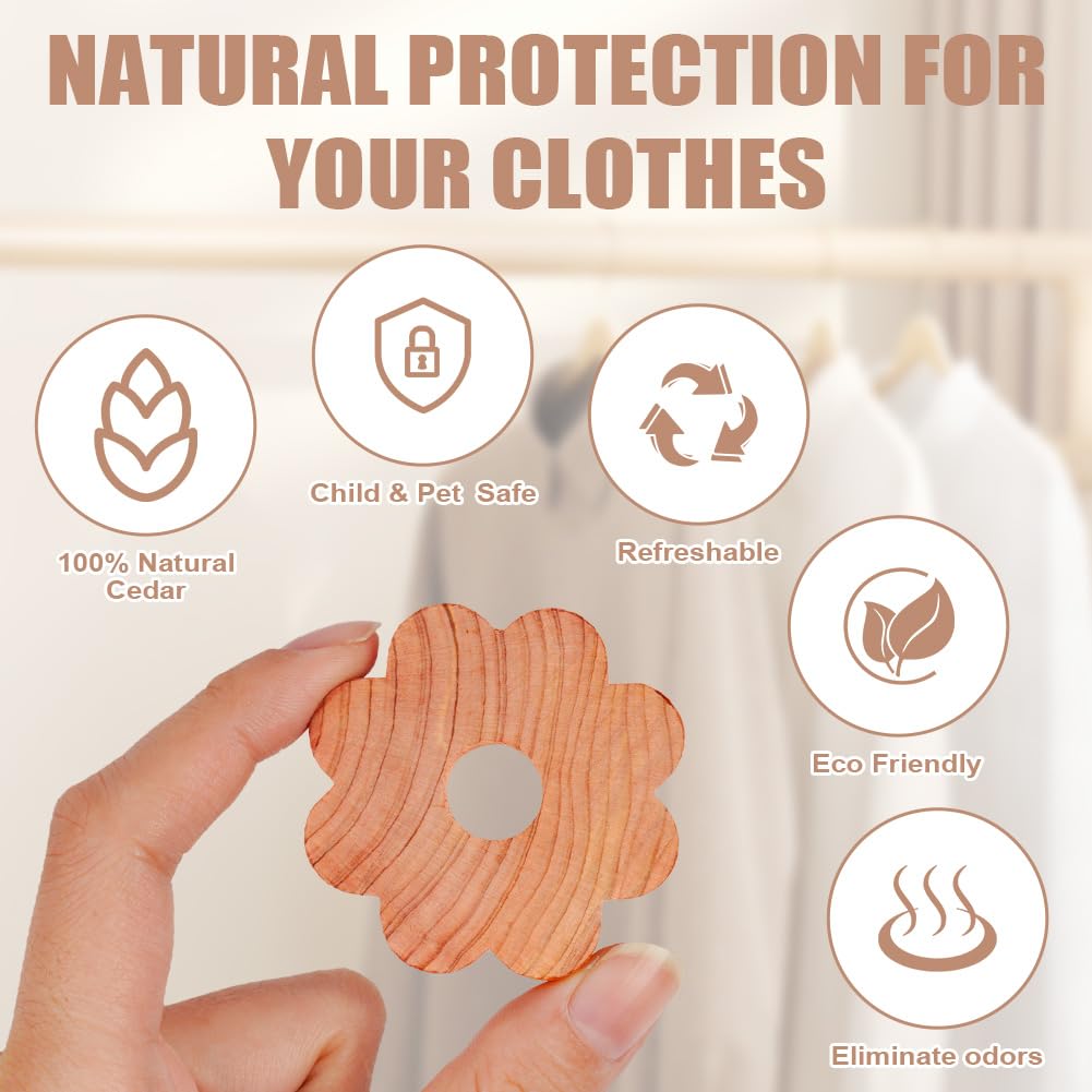 Adiwo 48PC Cedar Wood Rings, Anti Moth 4.8cm Cedar Rings, 100% Natural Cedar Wood Moth Repellent, Moth Repellent for Wardrobes, Cedar Wood Wardrobe Fresheners for Drawers Storage Boxes with Sandpaper - Image 3