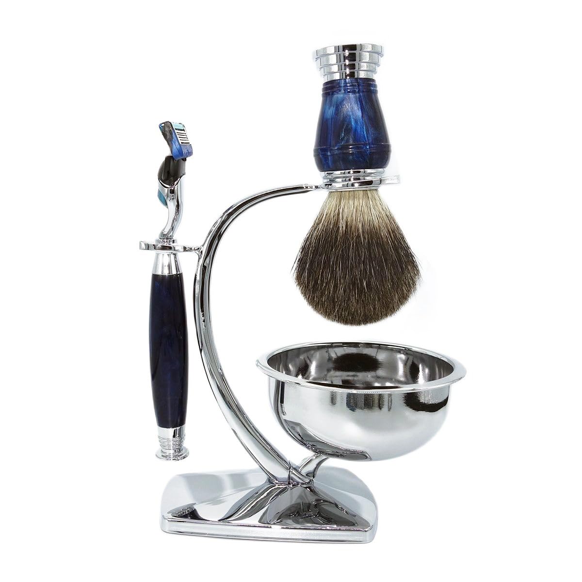 Rasierhobel-Starter-Set mit Mach 3 Dreifach-Klingen, Rasierseifenschale, 100 % Dachshaarpinsel, Rasierständer, Geschenk-Set für Männer ab 50 Jahren, 4-teilig