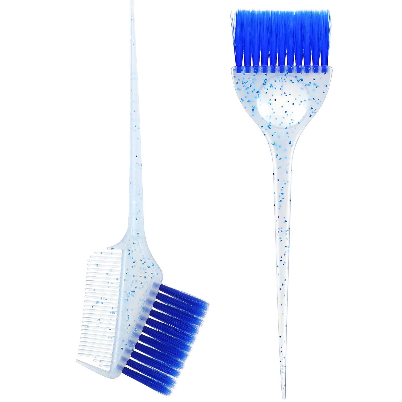 Set di 2 pennelli e pettini per tinture per capelli, multicolore, con setole morbide colorate e manico glitterato, per tinture fai da te, saloni di colorazione (blu)