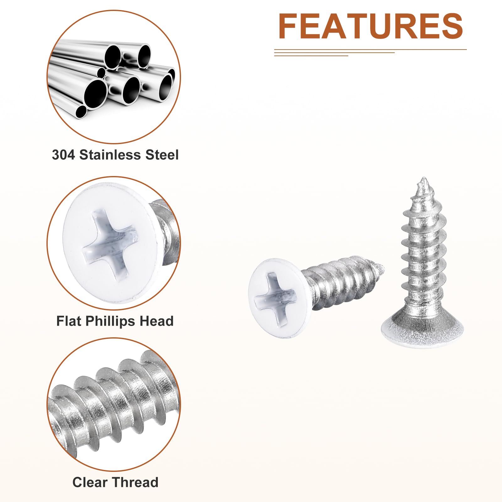DTGN 50Pcs ST4x15mm Flat Head Wood Screws, 304 Stainless Steel White Phillips Self Tapping Screws - Image 4