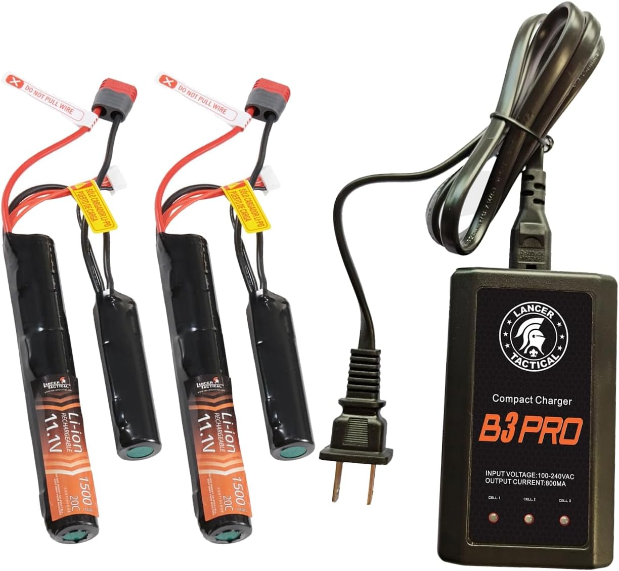 Lancer Tactical 2 Packs Airsoft Battery 11.1V Rechargeable 1500mAh 20C Nunchuck Li-ion Battery (Dean) with 2S-3S Balance Charger for Airsoft Guns Rifle