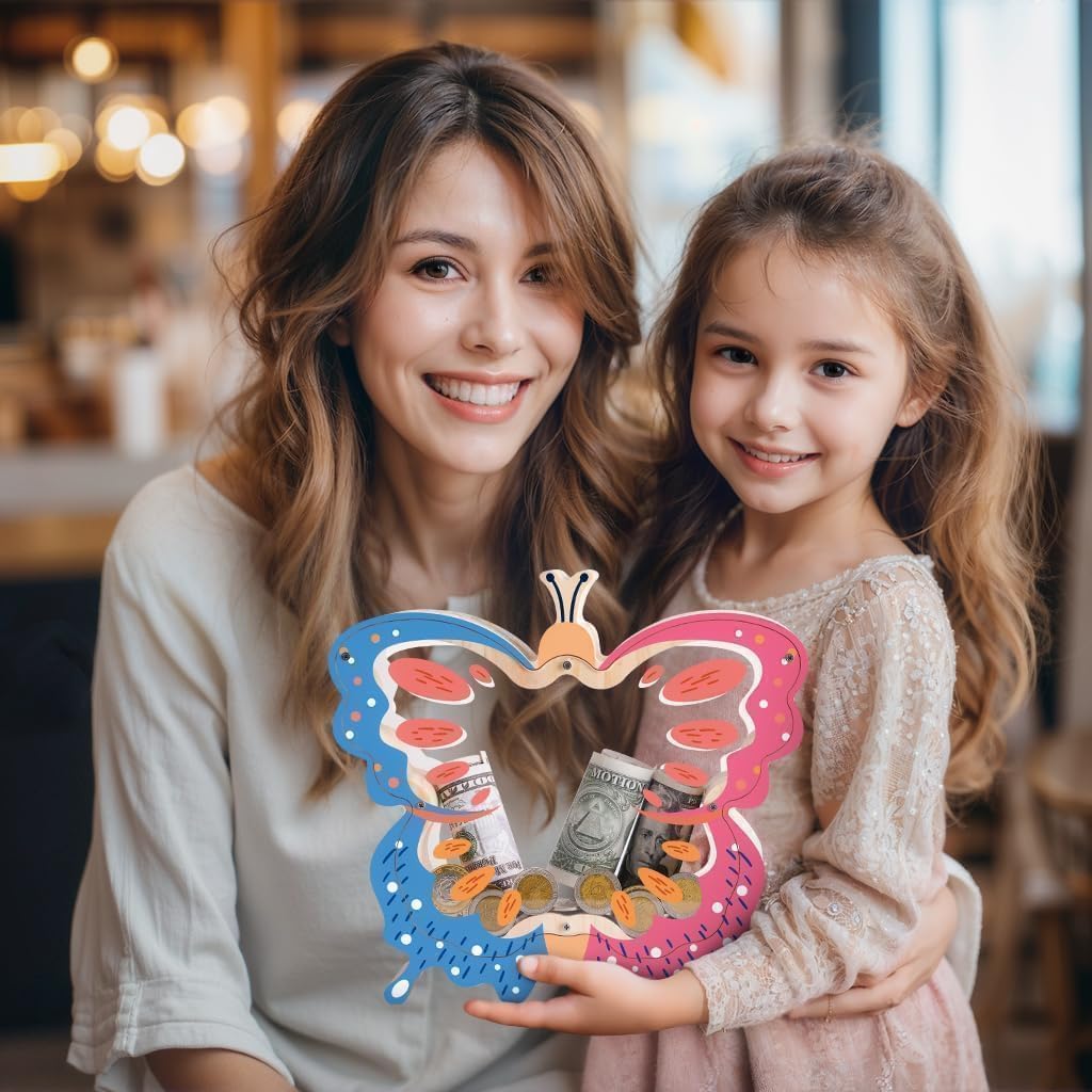 Butterfly Piggy Bank for Kids, Wooden Butterfly Money Box for Girls, Unbreakable Girls Toddler Coin Jar, DIY Safe Kids Coin Bank with Stickers, Birthday Gifts, Educational Toys, Home Decor