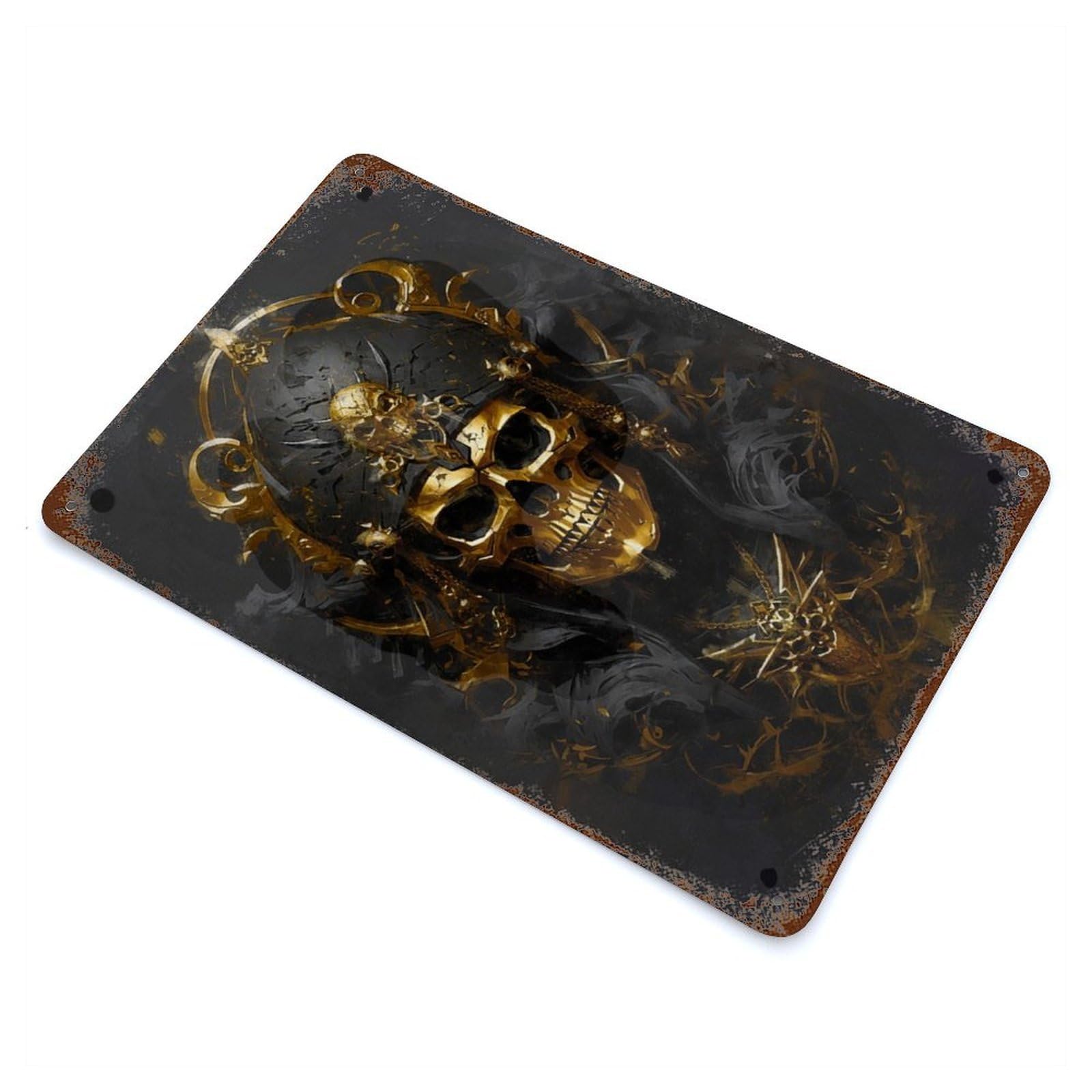 Rust Effect Gold Skull with Crown Rusty Metal Tin Sign 11.8"x7.9", Rustic Home Decor for Living Room, Hallway And Home Decor