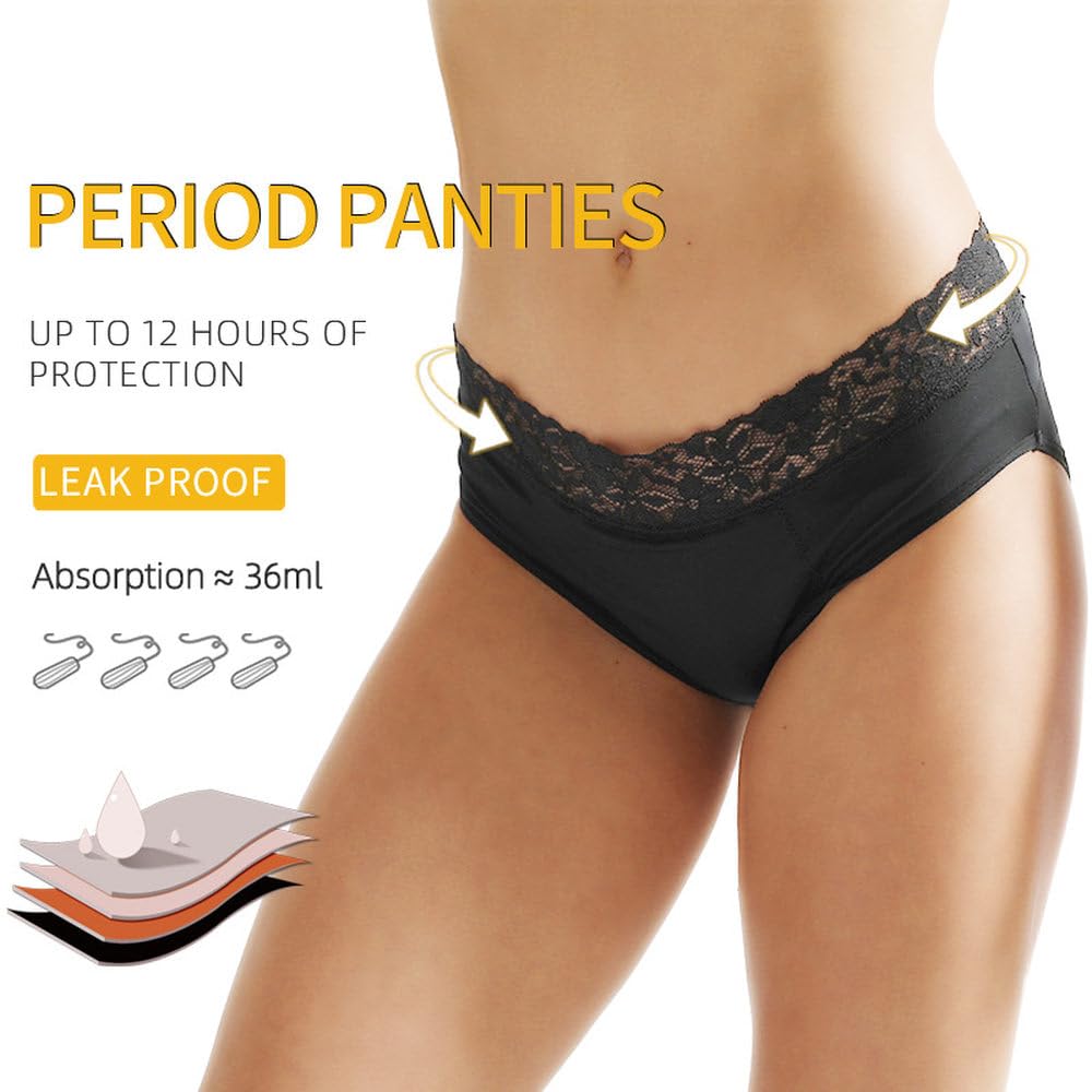 Bragas Menstruales para Mujer Ropa Interior Sexy Con Encaje Y Ribetes Bragas Menstruales Con Flujo abundante a Prueba de Fugas Paquete de 5 Negro M