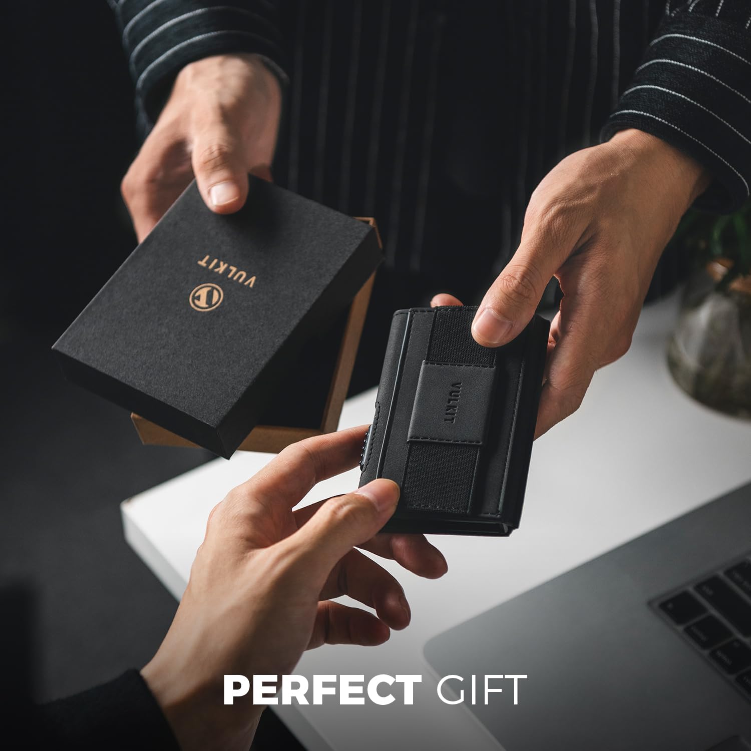 VULKIT Mens Minimalist Wallet for Max. 8 Cards with Pop-Up Credit Card Ejector RFID Blocking, ID Window and Elastic Strap for Bills or Keyring, Gift Box Packed, Black - Image 6
