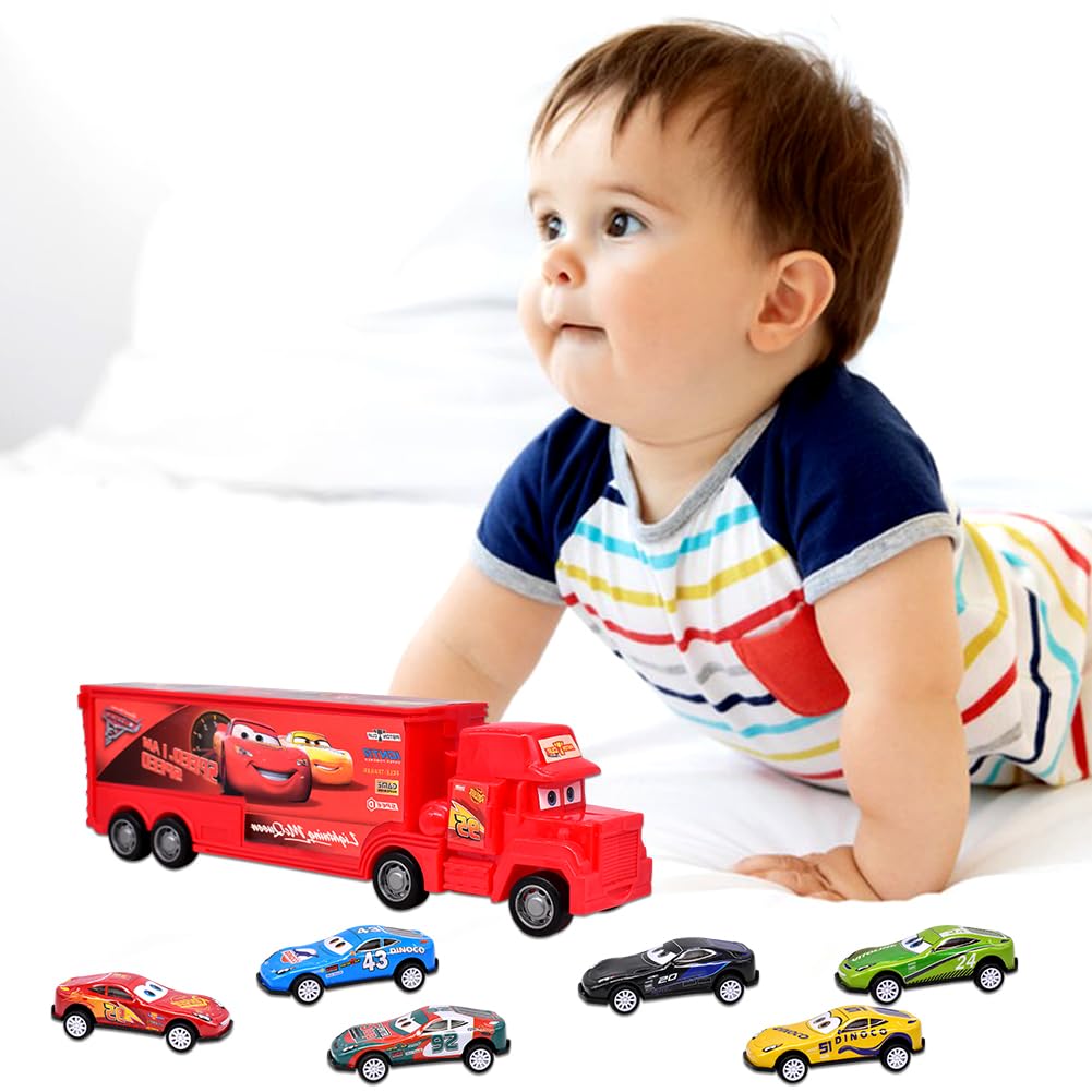 Set Macchinine Per Bambini 7 Pezzi - Auto Da Corsa Pull Back Con Camion Trasportatore, Giocattoli Per Compleanno - 2