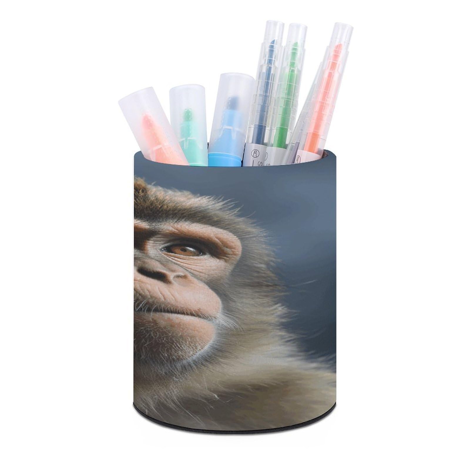 VstaDank Monkey Pen Holder PU Leather Pencil Cup Minimalist Desk Pencil Holder Round Make Up Brush Organizers For Office Dorm Room&Vanity Desk Accessories