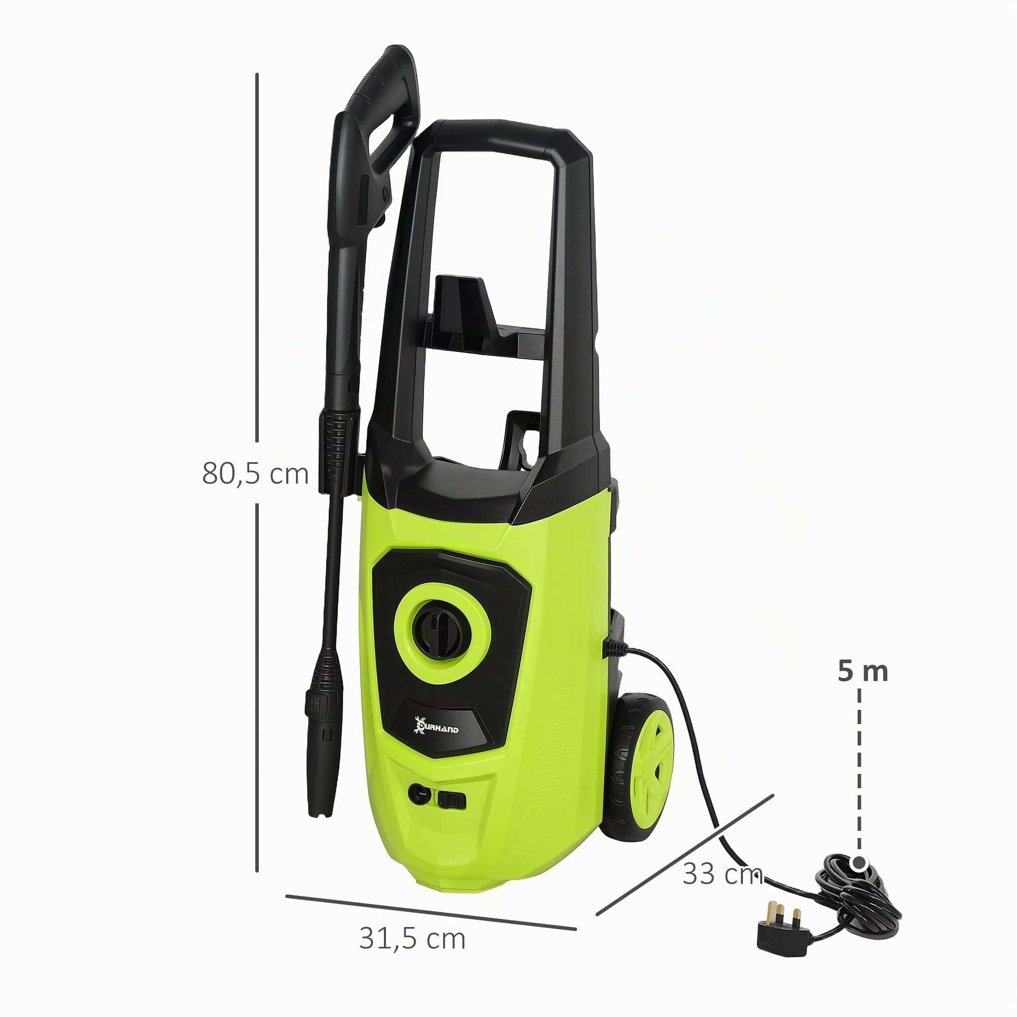 DURHAND Hidrolimpiadora de Alta Presión 1800W 150 Bar 6 m Verde y Negro | Caudal 510 L/h, Bomba de Aluminio, Parada Automática, Incluye Botella de Jabón, Boquilla, Cepillo