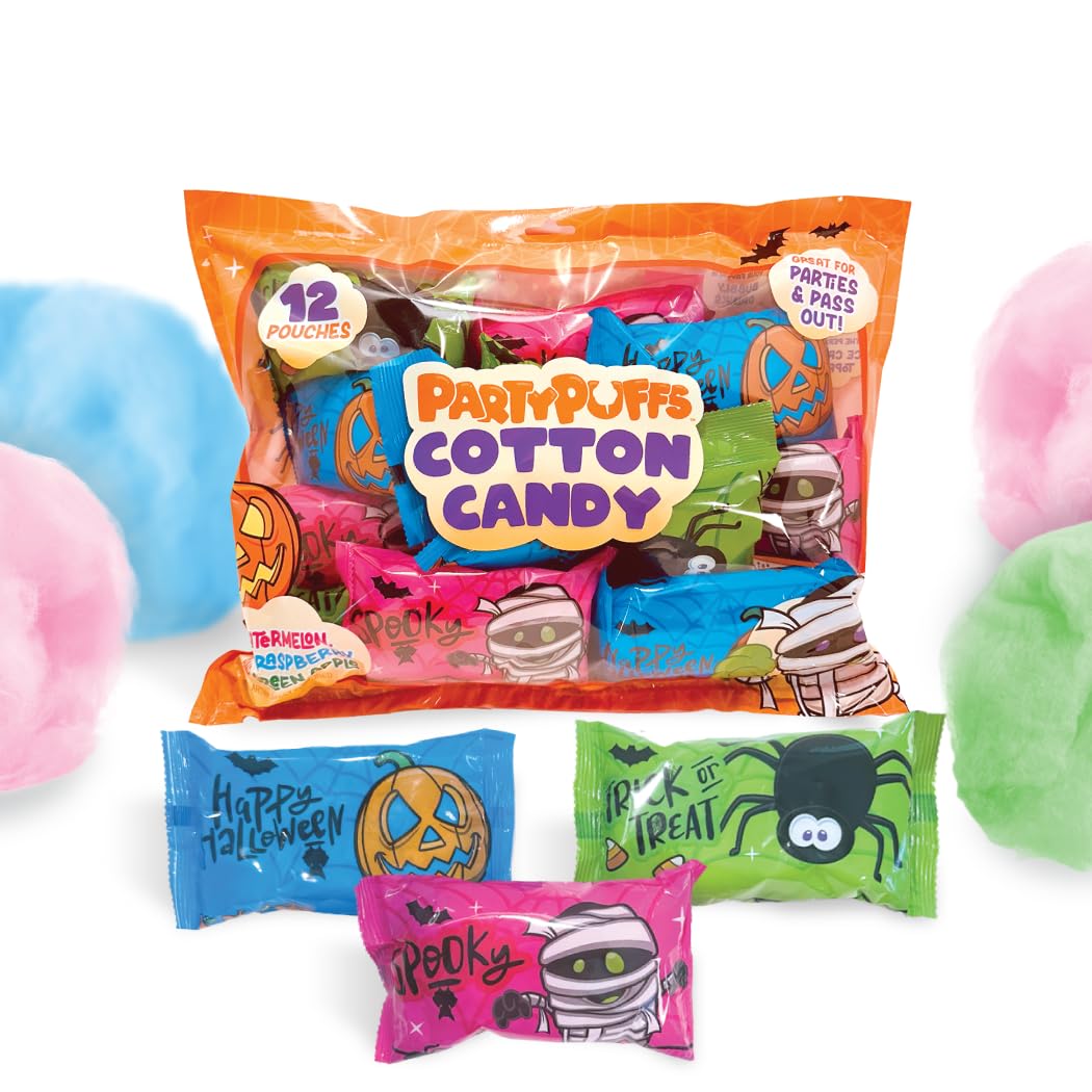 PartyPuffs Halloween Cotton Candy Bags – 12 Individually Wrapped .5oz Pouches – Spooky Sweet Treats for Trick-or-Treating, Parties & Favors