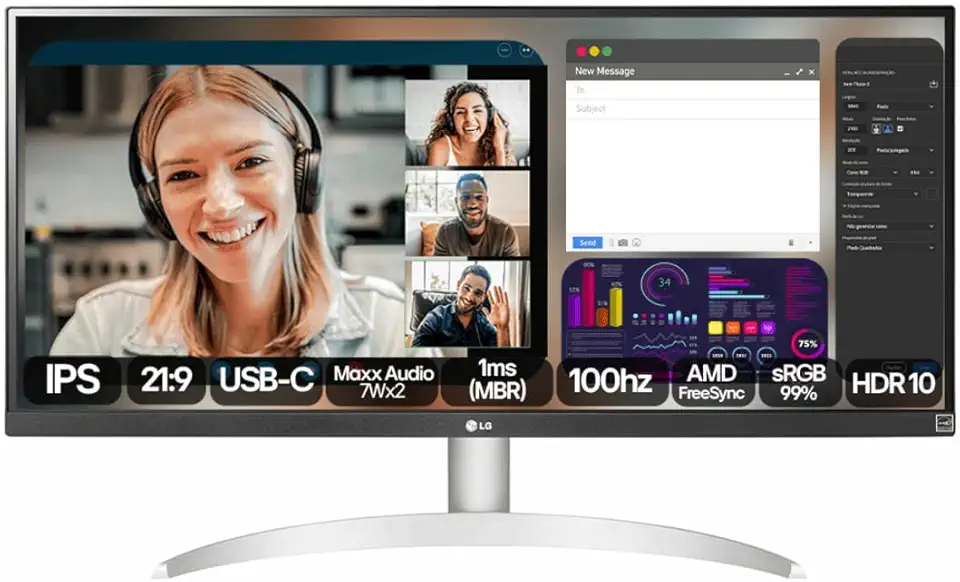 Monitor LG UltraWide™ - Tela IPS de 29", 21:9, USB-C, 7Wx2 MaxxAudio®, sRGB 99%, 100Hz - 29WQ600B