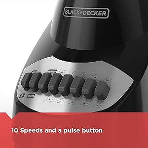 BLACK+DECKER Countertop Blender with 6-Cup Glass Jar, 10-Speed Settings, Black, BL2010BG