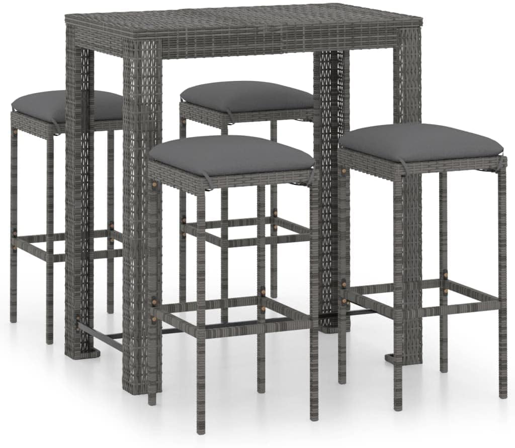 5 Piece Patio Bar Set,All Weather Wicker Furniture,Bistro Set for Bar, Pub, Garden, Backyard, Patio,Indoor Outdoor Furniture,with Cushions Poly Rattan Gray