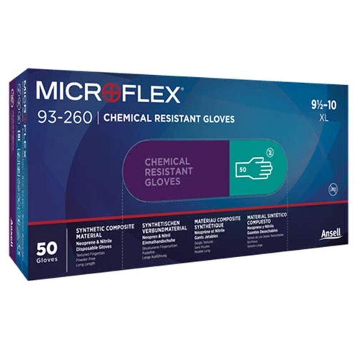 Ansell Microflex 93-260 Disposable Gloves in Nitrile and Neoprene, Single Use Chemical Resistant Glove, Mechanics and DIY, High Protection, Industrial PPE Workwear, Green, Size L (50 Gloves)
