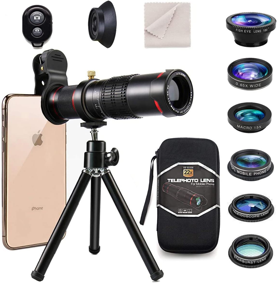 11 in 1 Phone Lens Kit, 22X Telephoto Lens, Wide Angle Lens, Macro Lens, Fisheye Lens, 3 Filters, Tripod, Remote Shutter Release for iPhone Samsung Smartphone