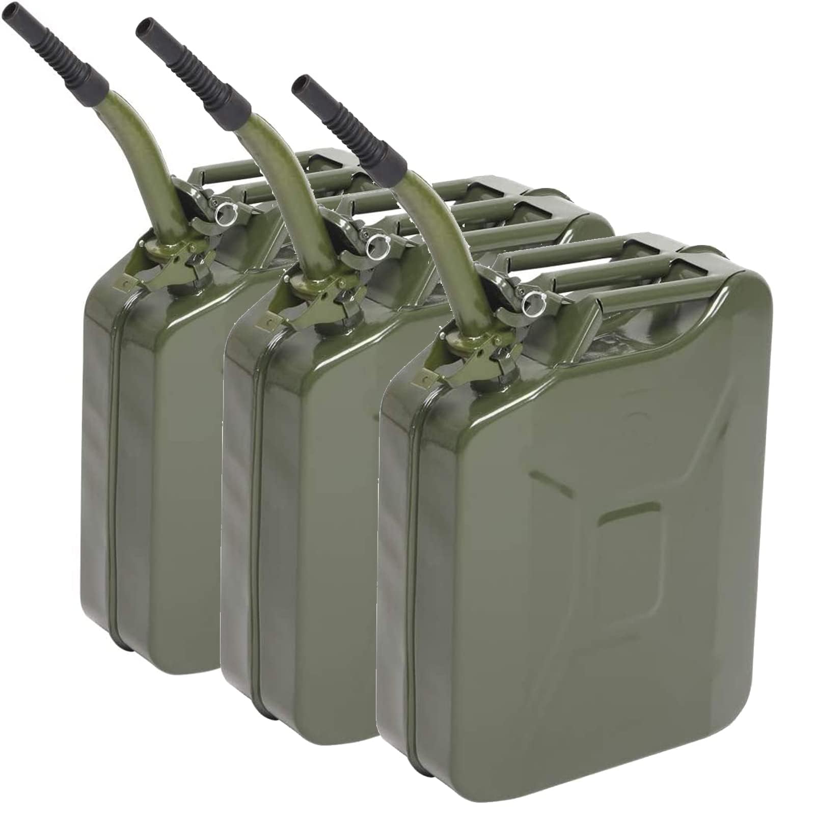LEADZM 3 Stück Benzinkanister 20L Metall mit 3 Ausgießern und Entlüftung, 20 Liter Stahlblech Kraftstoffkanister, geruchsdicht, UN-Standard– für Benzin, Diesel & Bio-Ethanol (Grün)