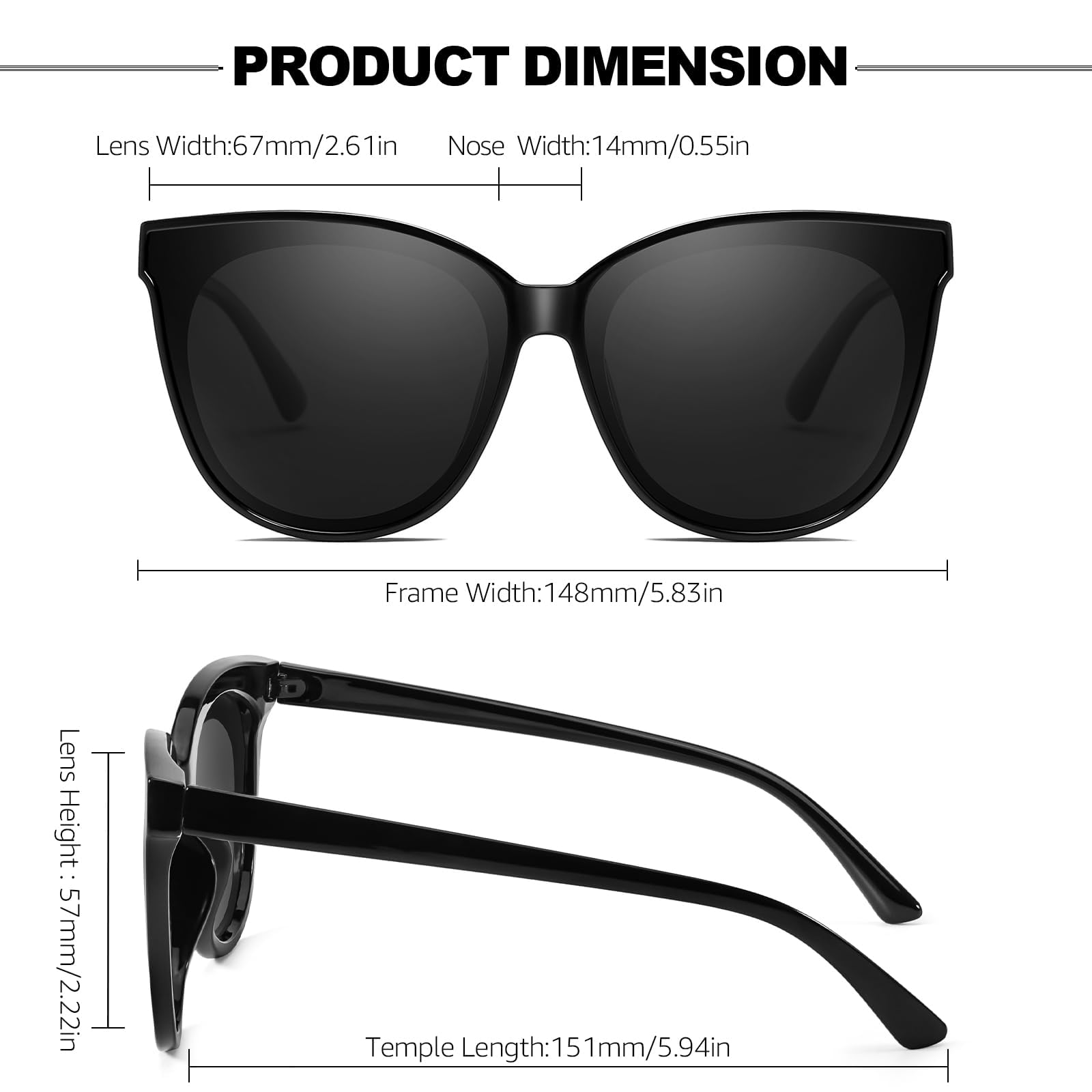 Lentes de sol de gran tamaño con diseño de ojos de gato para mujer, polarizados y con protección UV, a la moda, grandes, grandes y grandes, IF1627, C01 Negro, Grandes 3