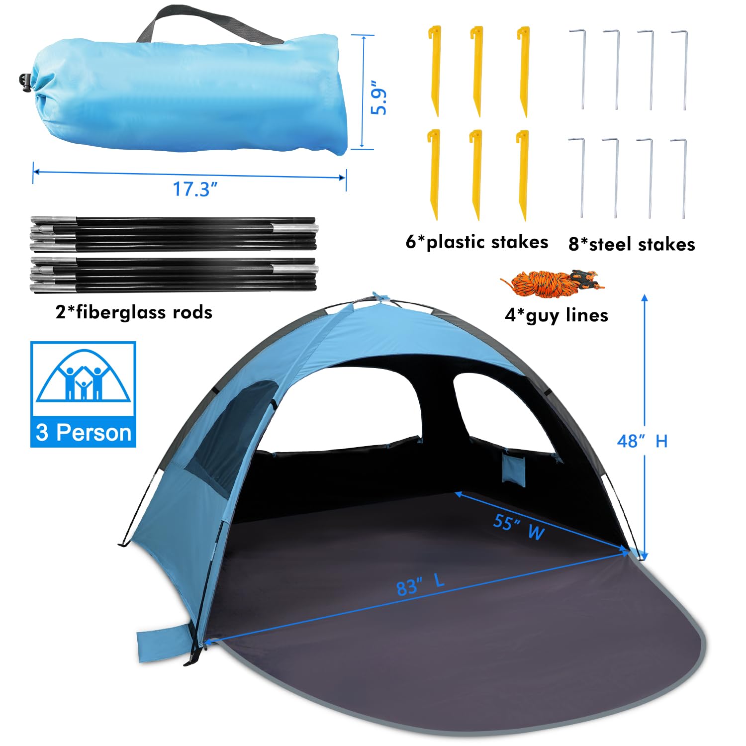 WhiteFang Tente de Plage Anti-UV Portable pour 3 Personnes, Sol Extensible avec 3 fenêtres en Maille ventilée, Sac de Transport, piquets et haubans