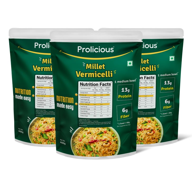 Prolicious Millet Vermicelli | High Protein & High Fiber | Nutritious | Plant Based | No Palm Oil | No Maida | Quick & Healthy Breakfast Option | 400g each (Pack of 3)