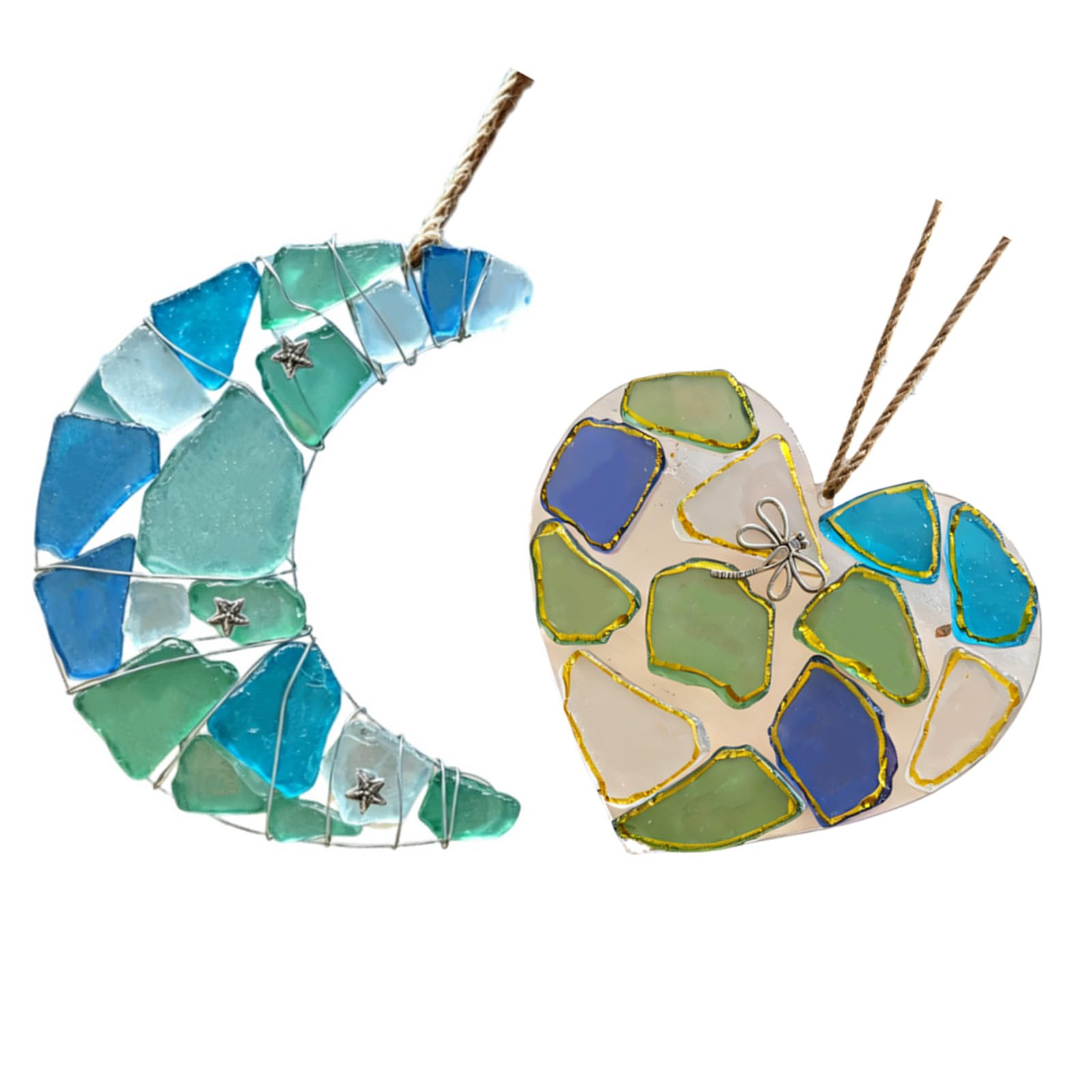 Coastal Christmas Tree Hanging Ornament Handcrafted Sea Glass Moons/Heart Ornament Beach Holiday Decoration Gift Sea Glass