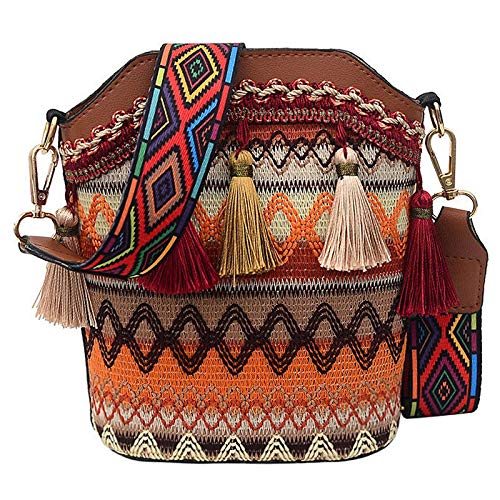 Wisboey Estilo éTnico Bohemio de las Mujeres de Paja Tejida Bandolera Bandolera Retro Casual Bolso de Cubo MarróN